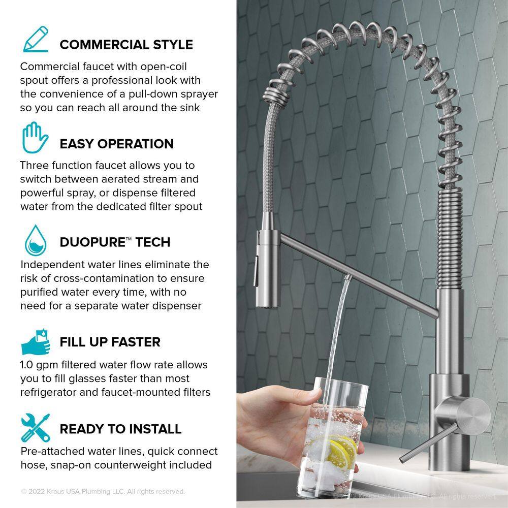 KRAUS Oletto 2-in-1 Commercial Style Pull-Down Single Handle Water Filter Kitchen Faucet in Matte Black KFF-2631MB