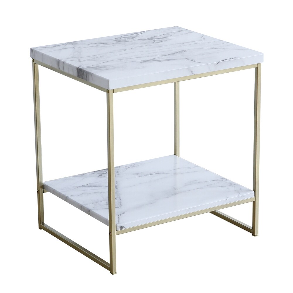 Roomfitters 2 Tier White Faux Marble Print End Table for Living Room