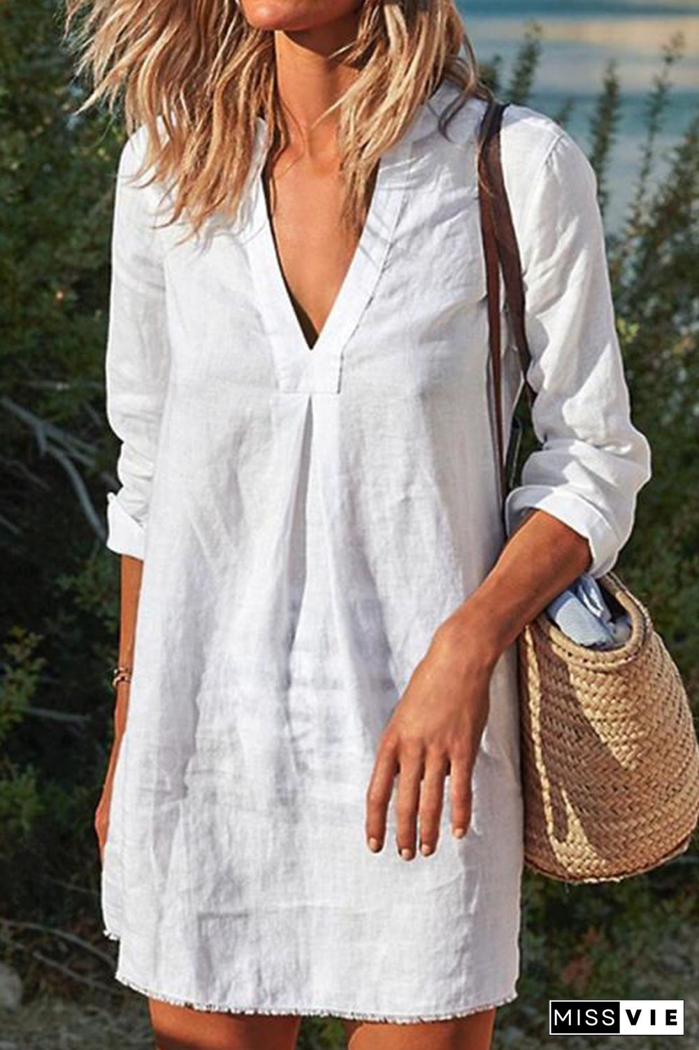 Casual Solid Split Joint V Neck A Line Dresses