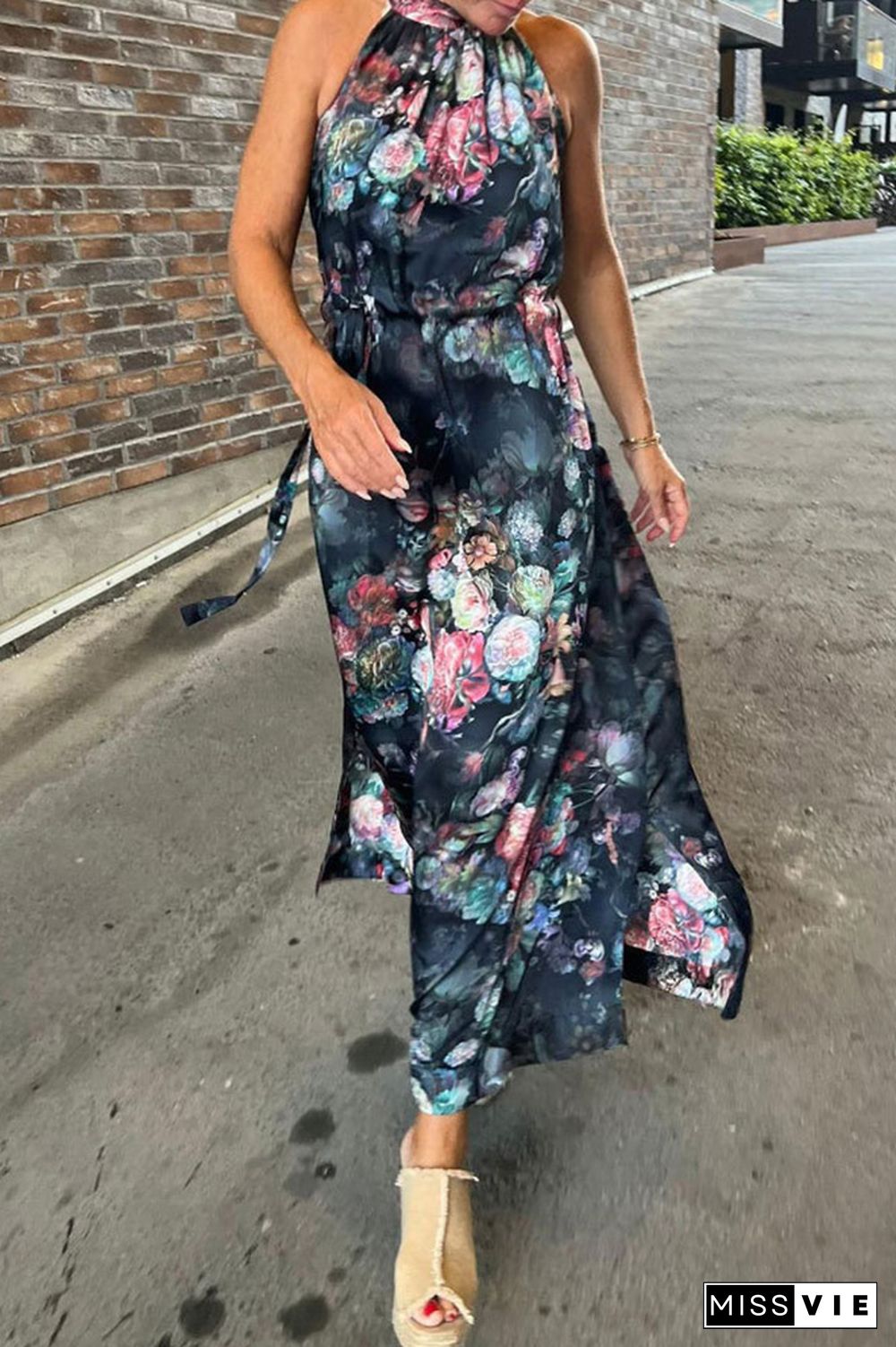 Sleeveless Tie Dye Halter Neck Floral Maxi Dress