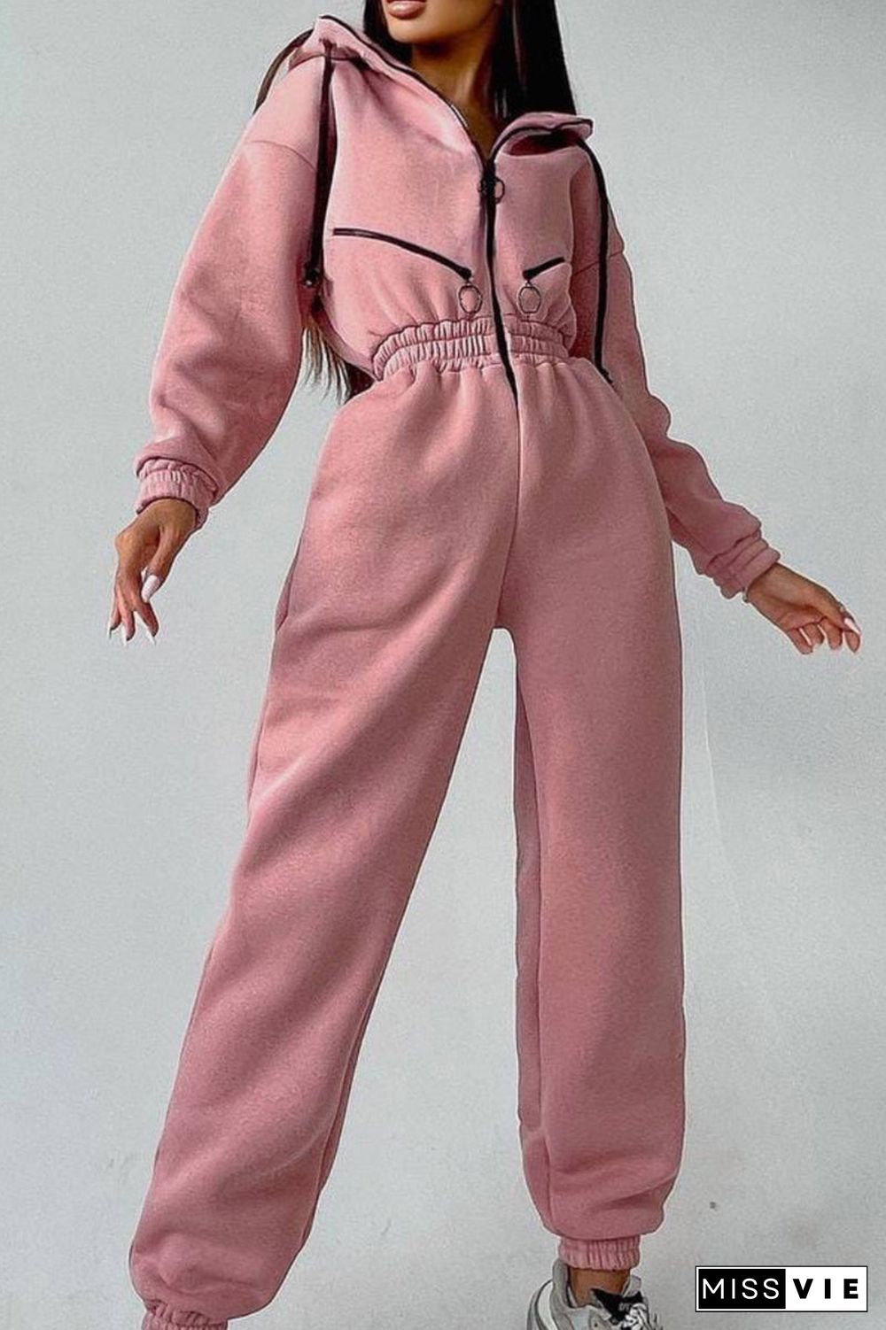 Street Solid Patchwork Hooded Collar Jumpsuits