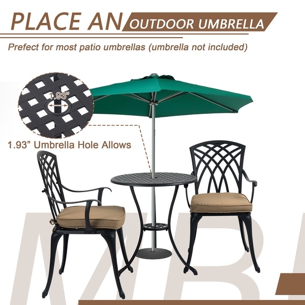 3 Piece Bistro Table Set Cast Aluminum Outdoor Patio Furniture with Umbrella Hole and Grey Cushions for Patio Balcony，Black