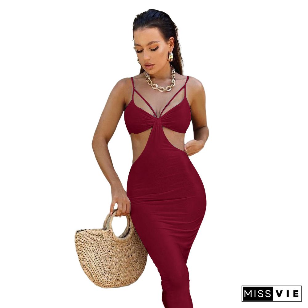 Summer Women Sexy Solid Color Spaghetti Strap V-Neck Hollow Out Backless Skinny Club Party Maxi Dress