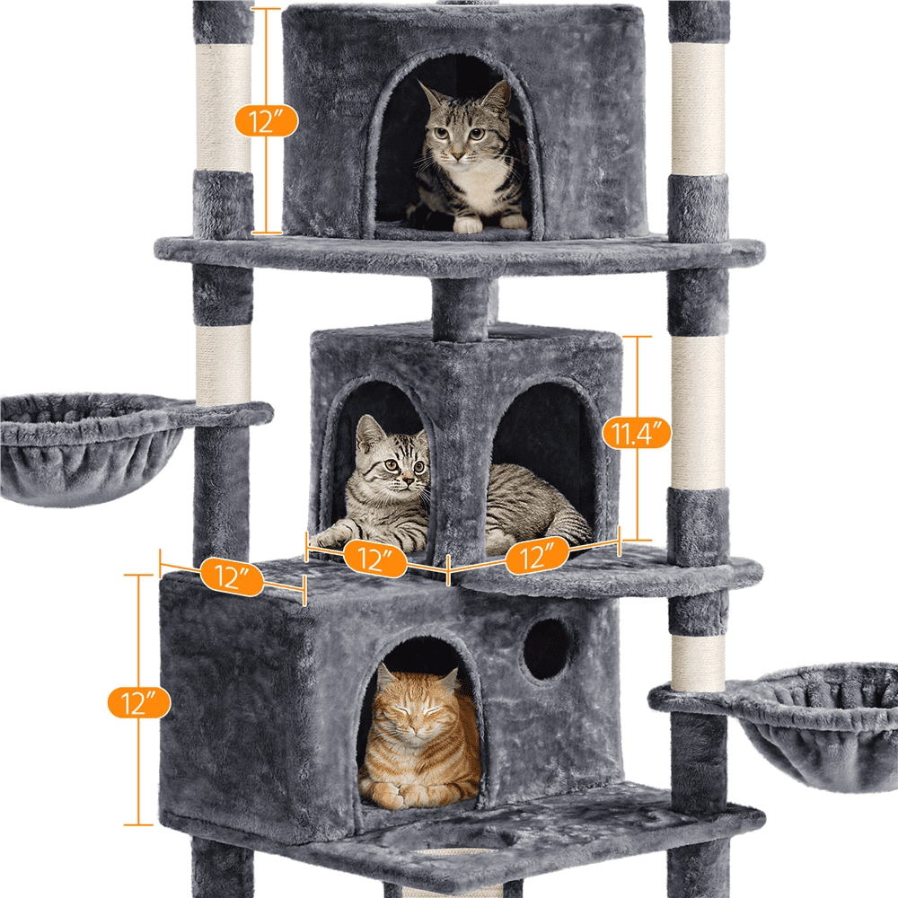 SMILE MART 76.5" Large Cat Tree Tower with 3 Condos Cozy Perches Dangling Ball, Dark Gray