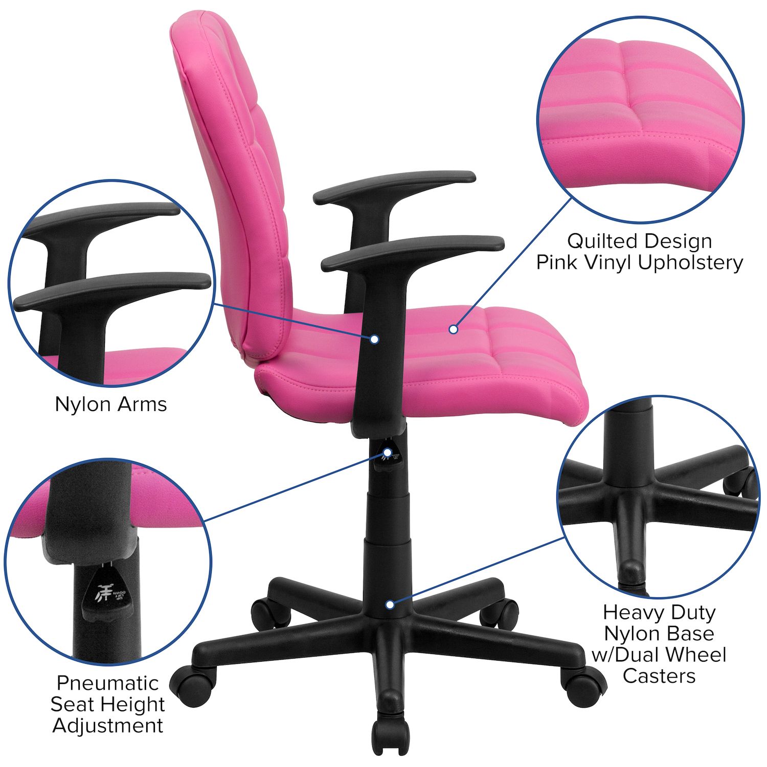 Emma and Oliver Mid-Back Black Quilted Vinyl Swivel Task Office Chair with Arms