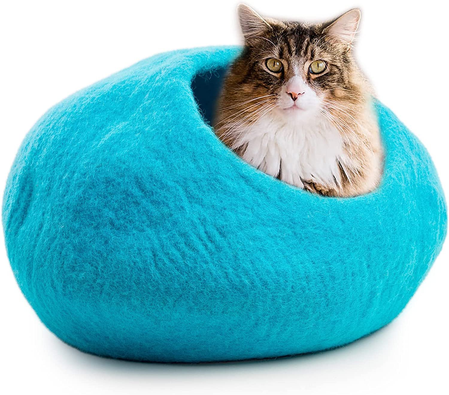 Woolygon Wool Cat Cave Bed Handcrafted from 100% Merino Wool， Eco-Friendly Felt Cat Cave for Indoor Cats and Kittens (Turquoise)