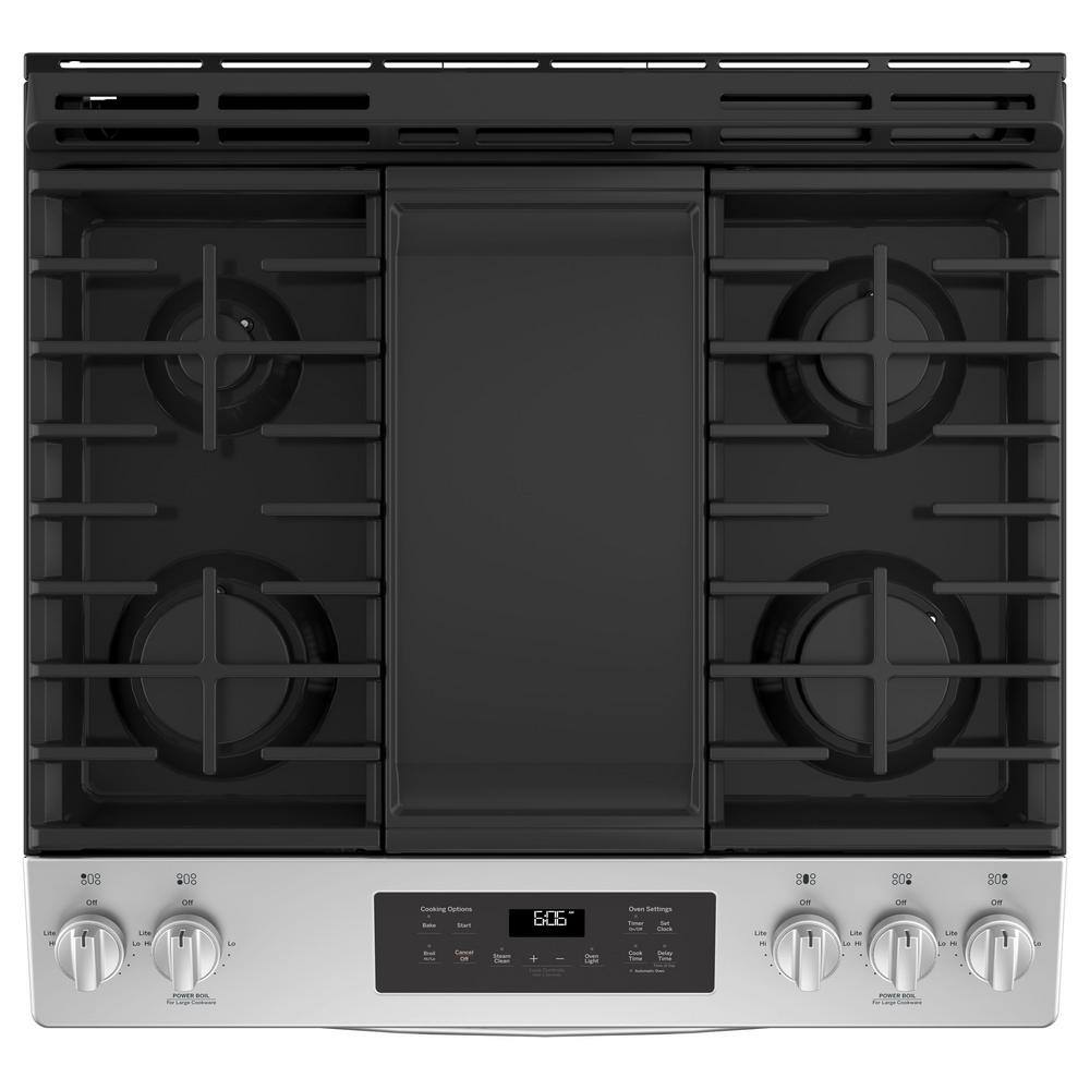 GE 30 in. 5.3 cu. ft. Slide-In Gas Range in Stainless Steel with Griddle JGSS66SELSS