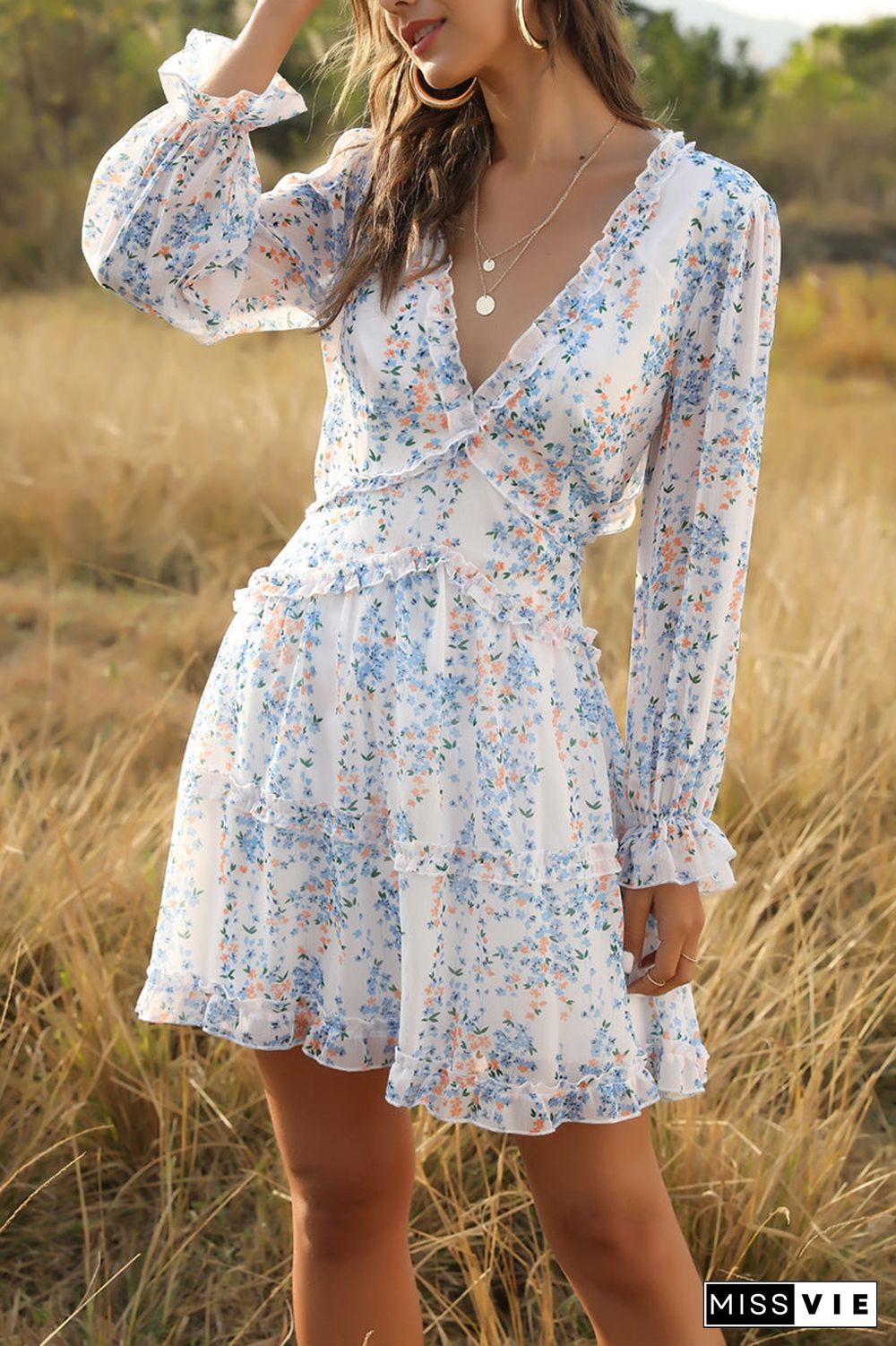 Ditsy Floral Prints Ruffle Edge Tiered Long Sleeve Boho Dress