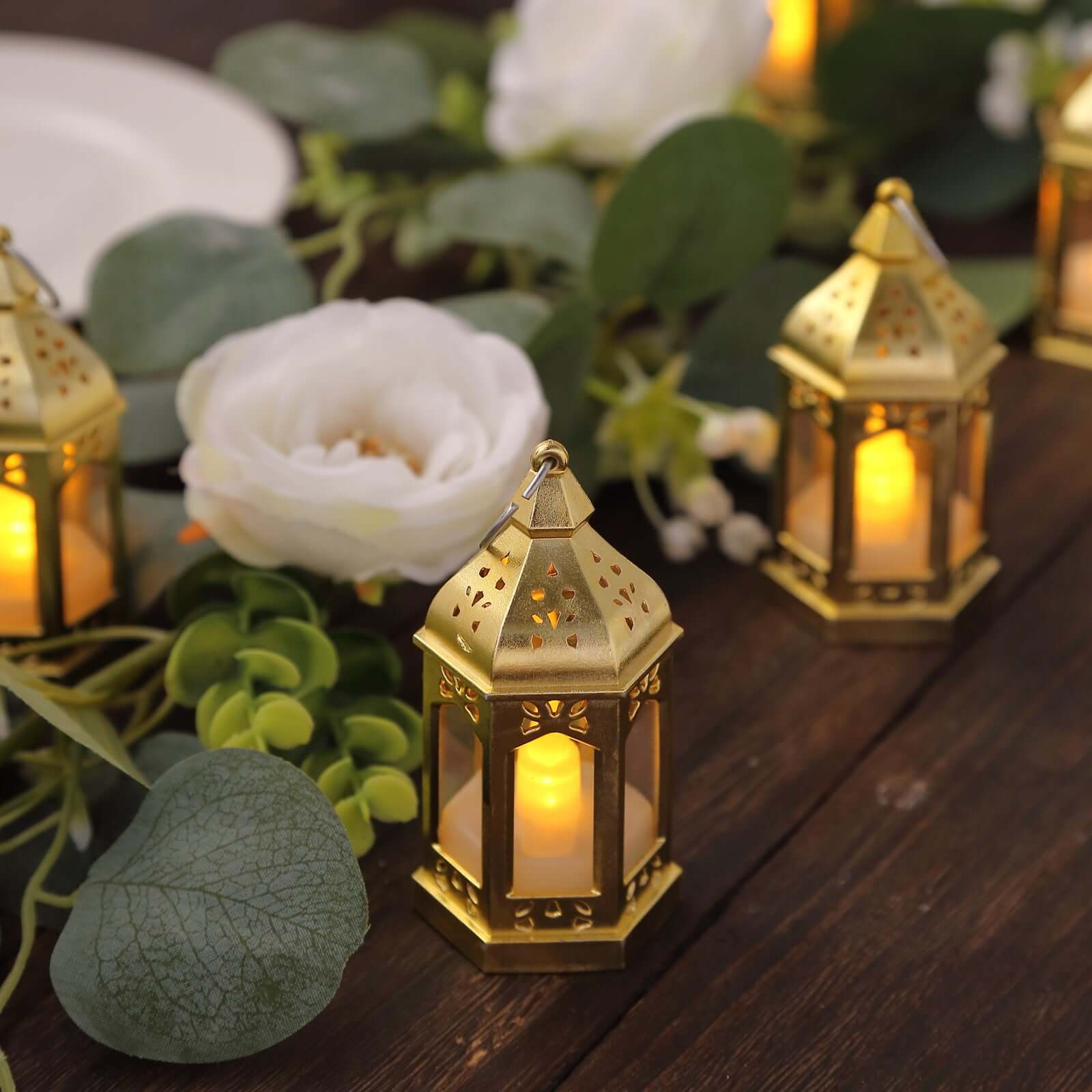 6 Pack Gold Vintage Mini Lantern with Flickering LED Tealight Candles, Moroccan Style Battery Operated Warm White Candle Lantern Lamp Centerpieces - 3.5