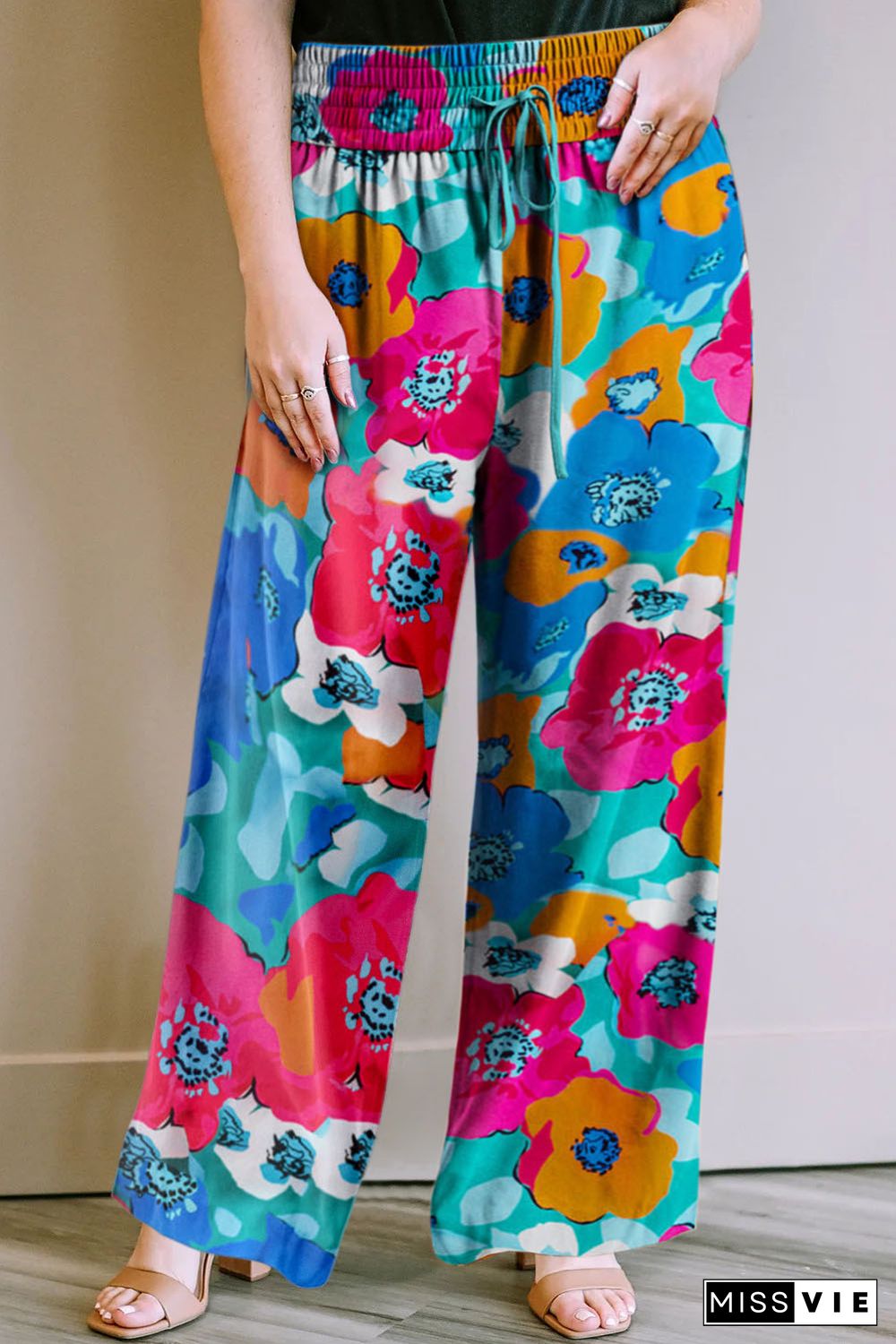 Multicolor Plus Size Abstract Floral Print Wide Leg Pants