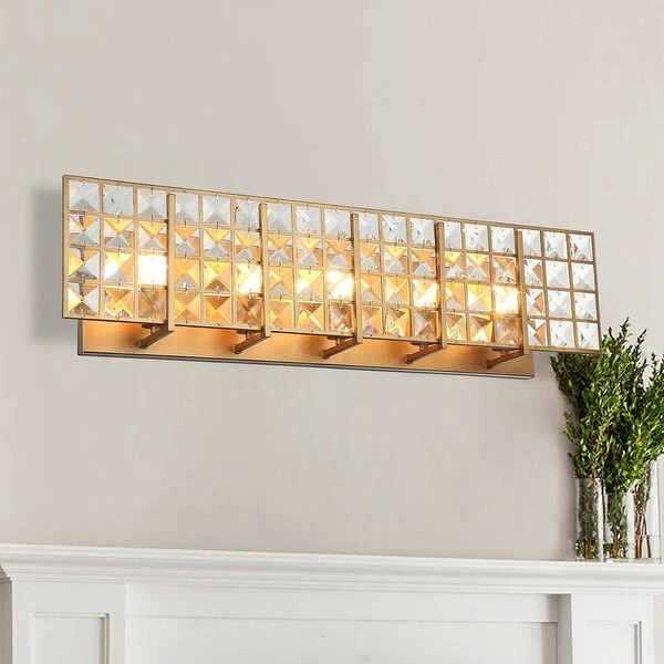 Modern Brass 5-Light Crystal Bath Vanity Lighting Wall Sconce