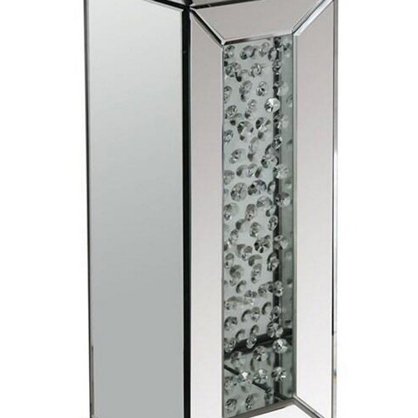 24 Inch Modern End Table， Square Mirror Top， Faux Crystals Inlay， Silver