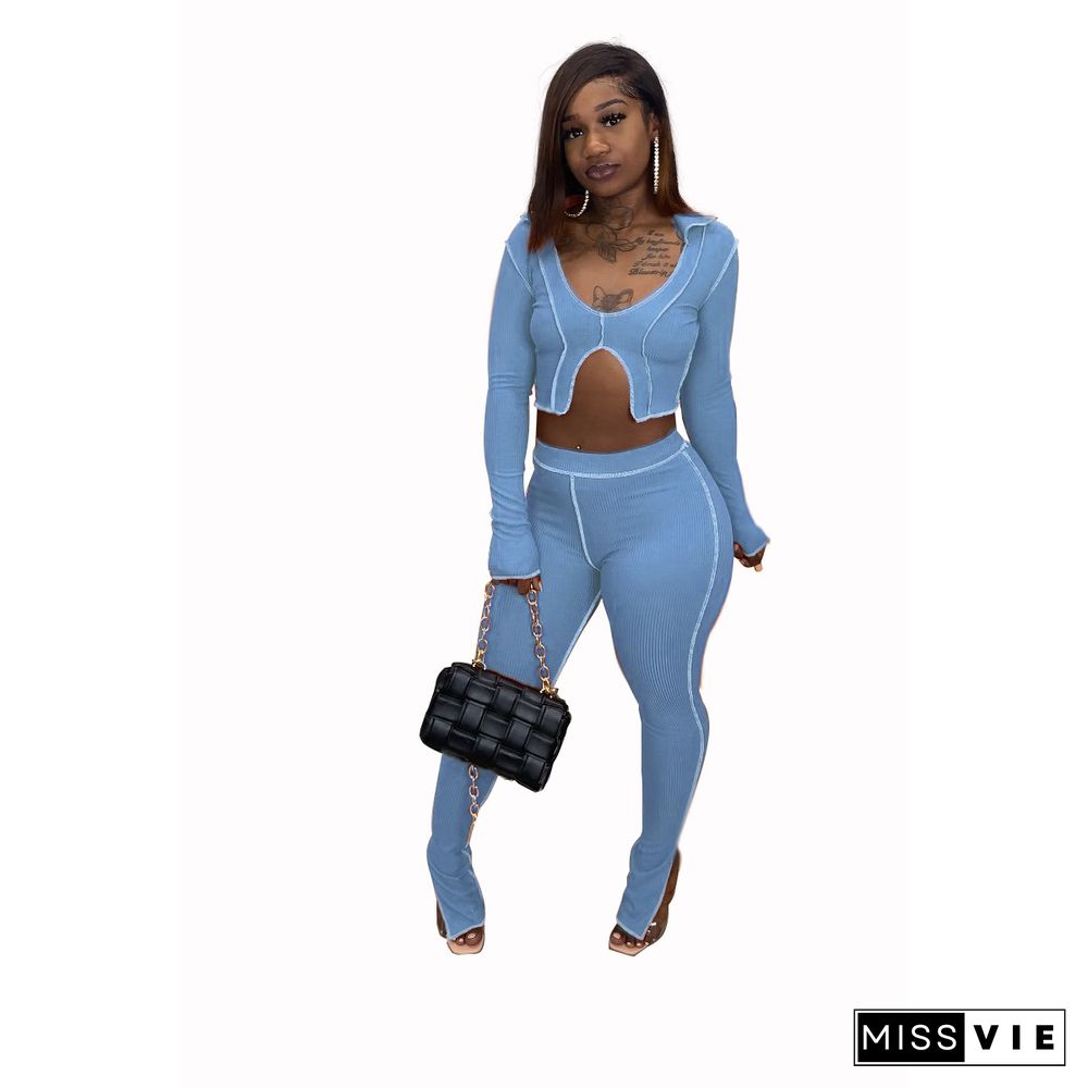 Article Pit Crop Top And Slit Flared Pants 2 Piece Set