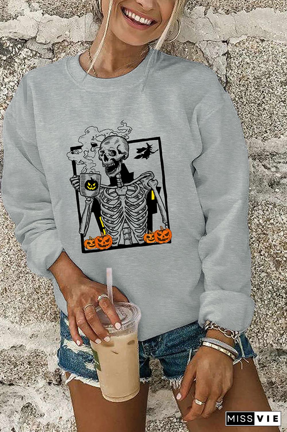 Skeleton and Pumpkin Halloween Crewneck Sweatshirt Wholesale