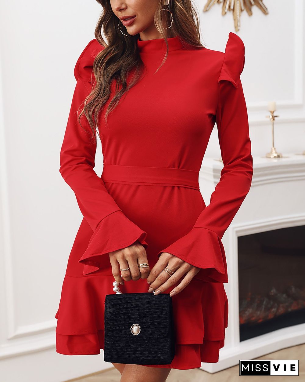 Solid Backless Ruffle Long Sleeve Dress P14905