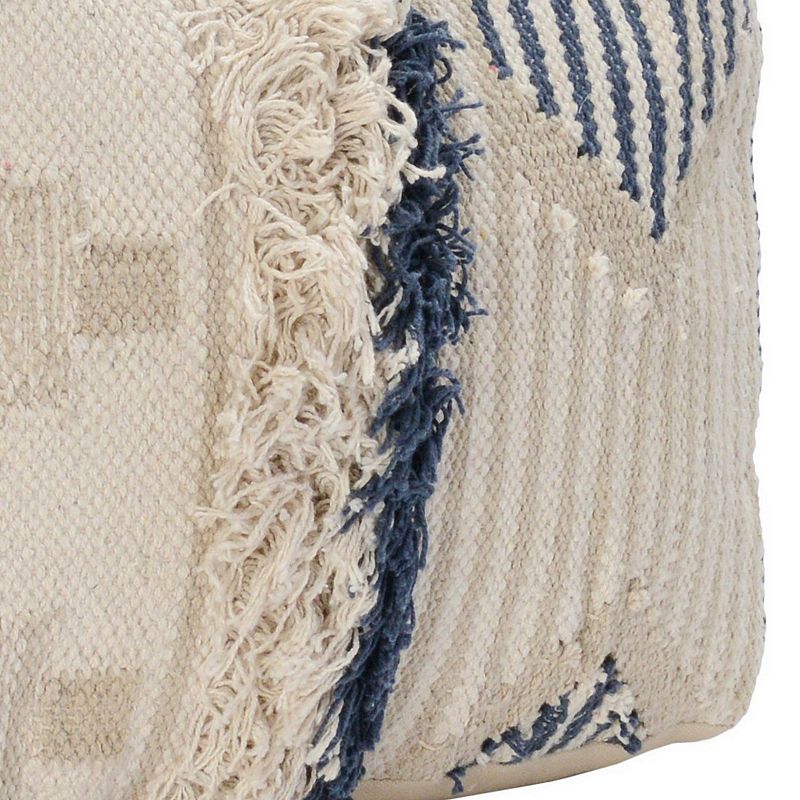 Fabric Pouf Ottoman with Woven Design and Fringe Details， Cream and Blue