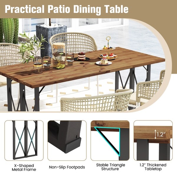 67 Inch Patio Rectangle Acacia Wood Dining Table with Umbrella Hole