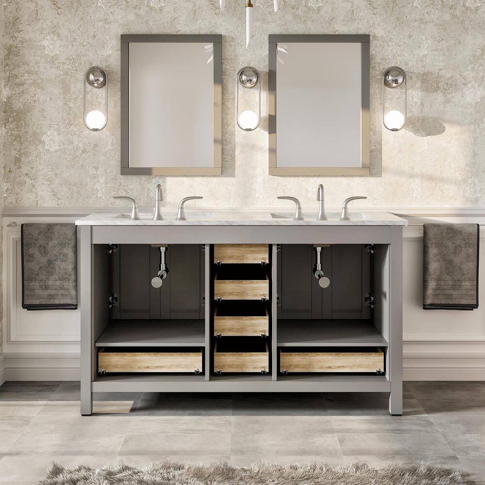 Eviva Aberdeen 60 in. W x 22 in. D x 35 in. H Double Bath Vanity in Gray with White Carrara Marble Top with White Sinks EVVN412-60GR