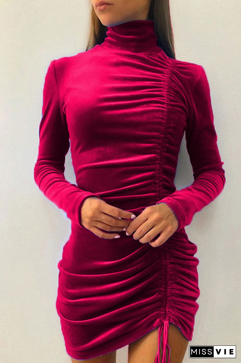 Sexy Elegant Solid Draw String Half A Turtleneck Wrapped Skirt Dresses(8 Colors)