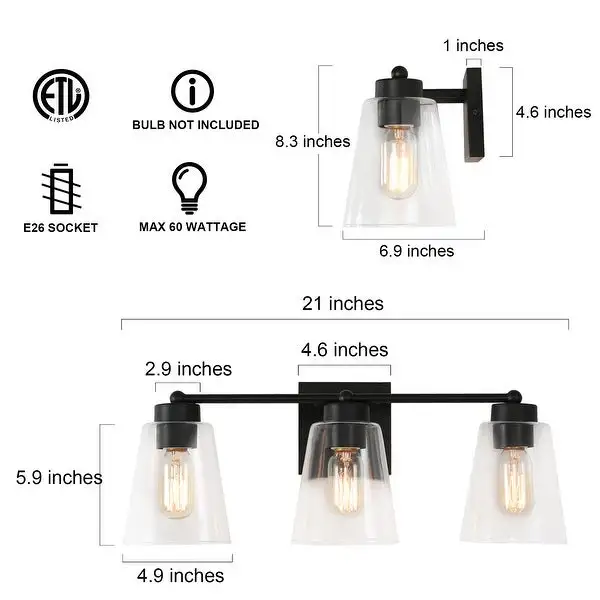 Zarbel Modern Farmhouse Black Vanity Light Bathroom 3-Light Glass Wall Sconce Taper for Powder Room - L 20.5