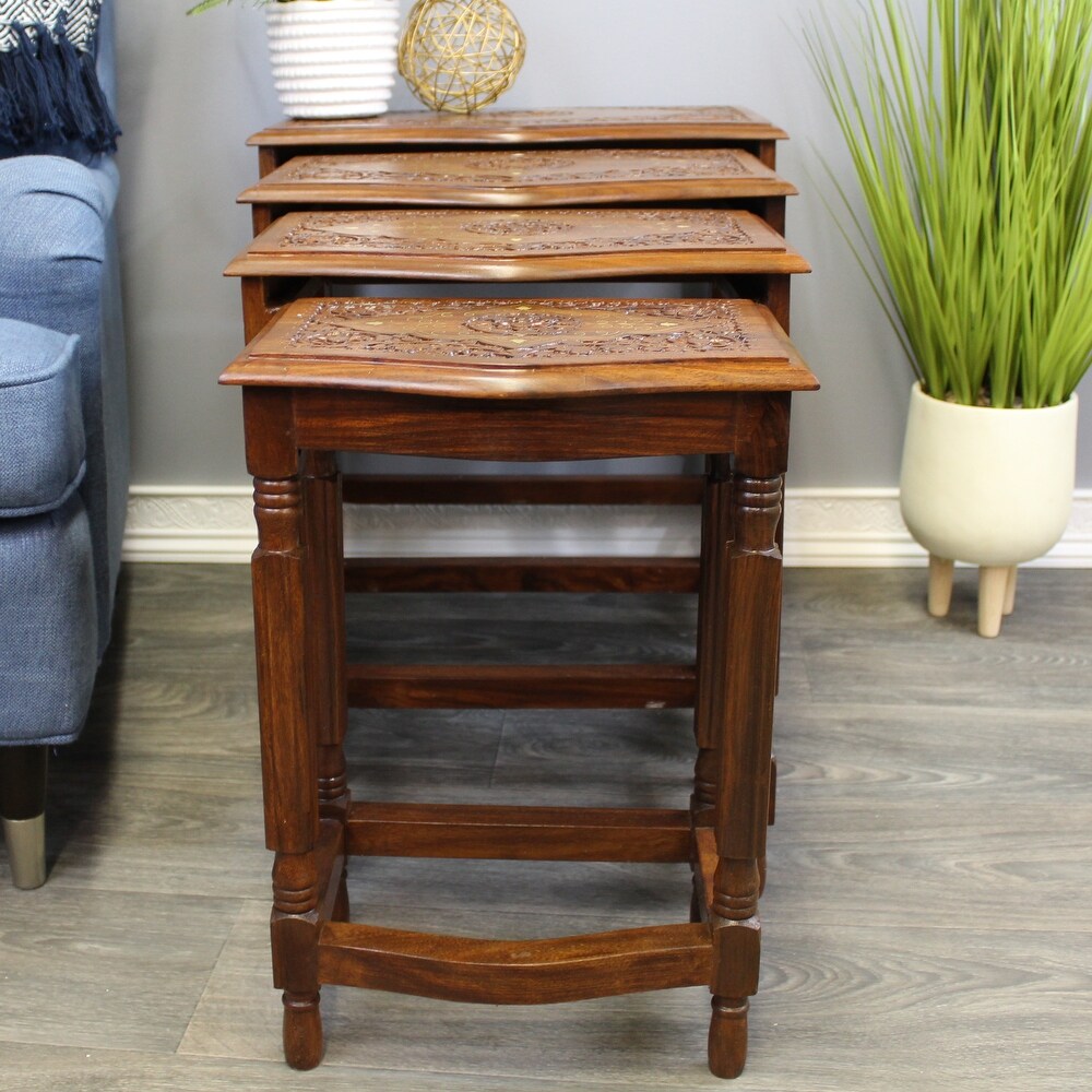 Natural Geo Decorative Set of 4 Nesting Tables   Handcarved