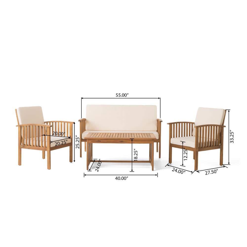 Noble House Carolina Brown 4Piece Wood Patio Conversation Set with Beige Cushions