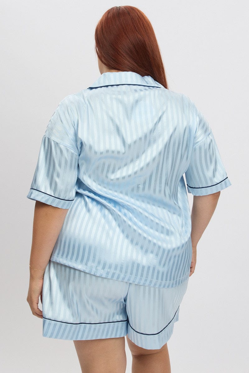 Blue Stripe Satin Pyjamas Set Short Sleeve