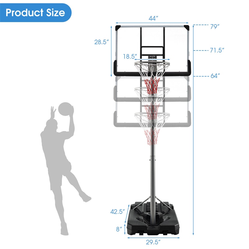 Portable Outdoor Basketball Hoop 64’’-79’’ Adjustable Poolside Basketball Goal System with 44