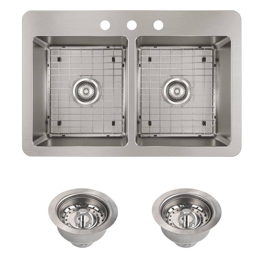 Elkay Avenue Drop-inUndermount Stainless Steel 33 in. 5050 Double Bowl Kitchen Sink with Bottom Grid and Drains VBTHD168