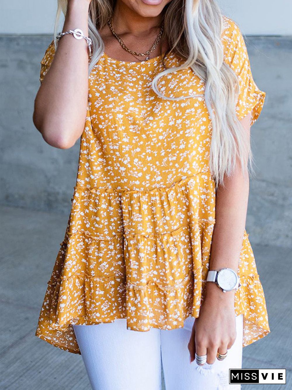 Women's Floral Print Ruffled Casual T-shirt