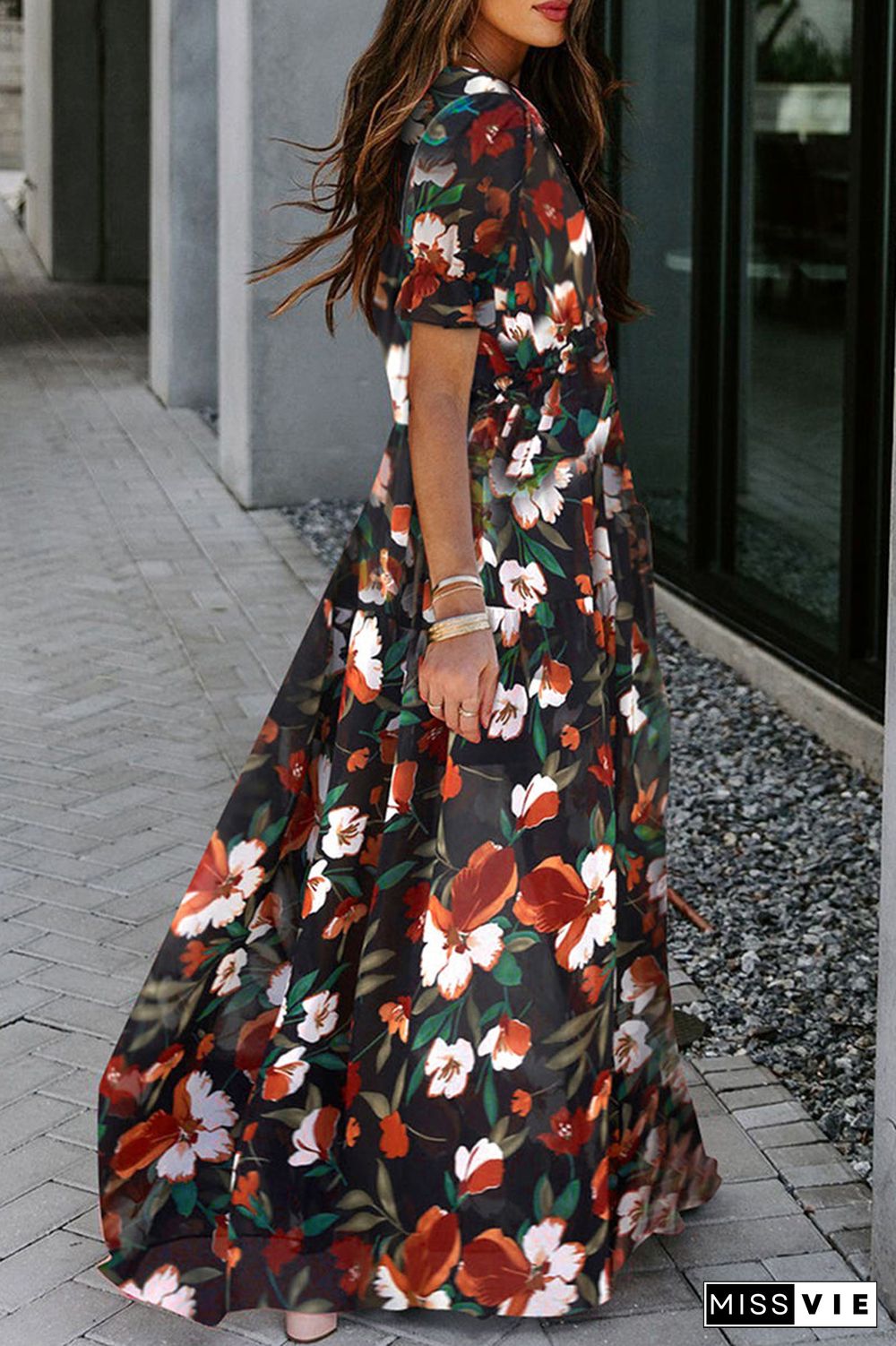 Sweet Elegant Floral Patchwork V Neck Waist Skirt Dresses