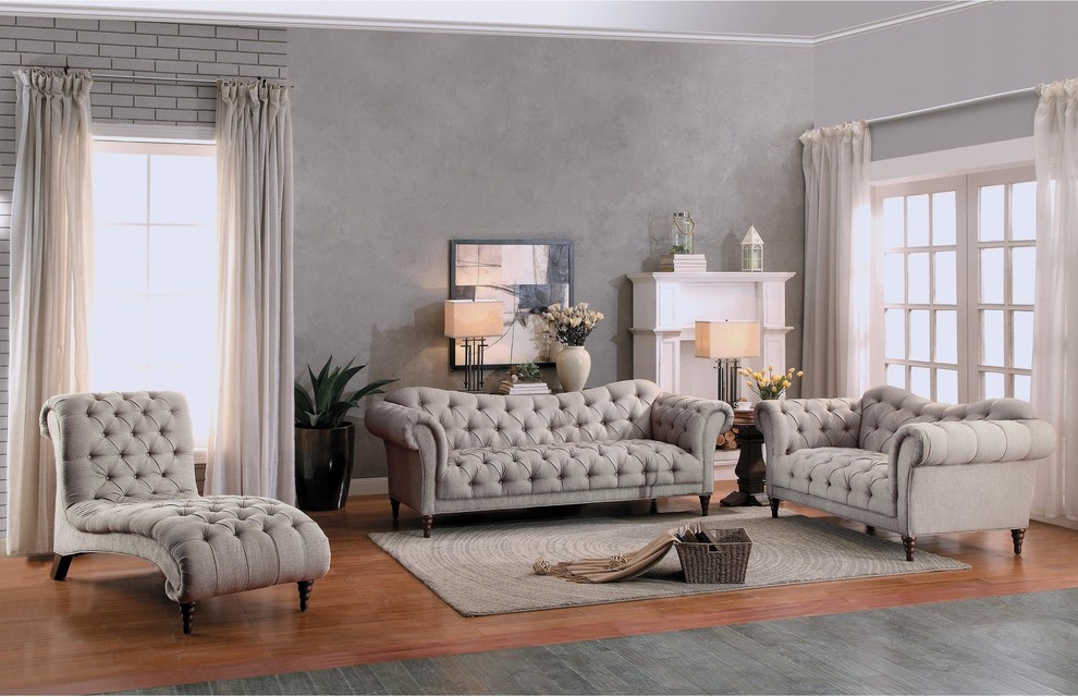 2 Piece Stella French Button Tufted Set Sofa and Love Seat Neutral Beige Fabric   Traditional   Living Room Furniture Sets   by AMOC  Houzz