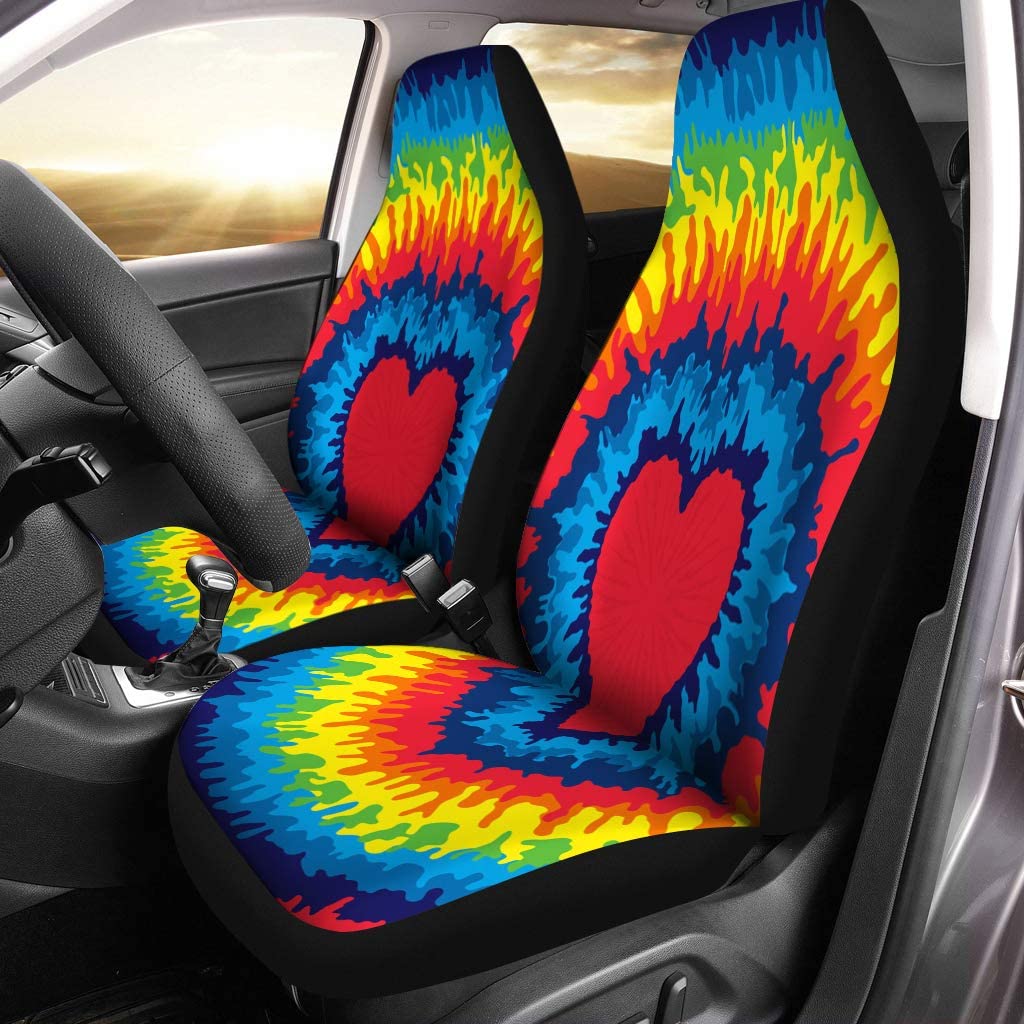 KXMDXA Set of 2 Car Seat Covers Blue Pattern Heart Love Rainbow Tie Dye Colorful Tye Universal Auto Front Seats Protector Fits for Car，SUV Sedan，Truck