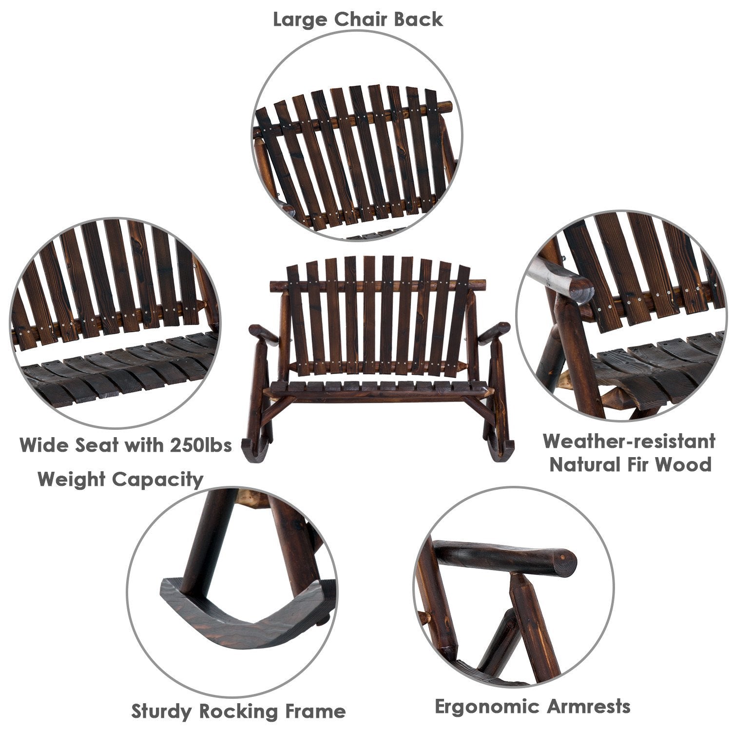 Andoer 2 Person Fir Wood Rustic Outdoor Patio Adirondack Rocking Chair Bench