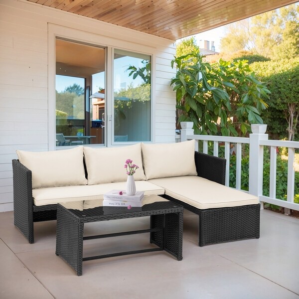 3 Pieces Patio Conversation Set，All Weather Outdoor PE Rattan Wicker Furniture Set with Cushions，Tempered Glass Coffee Table