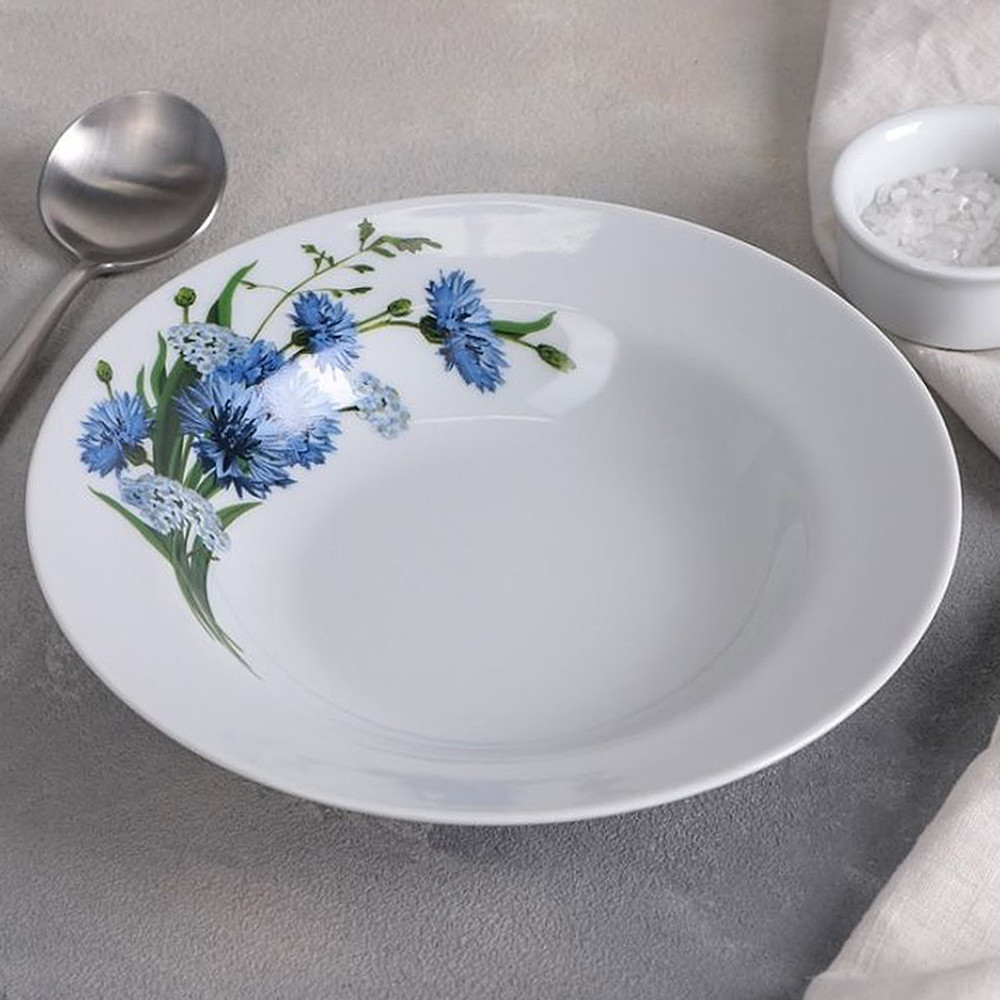 Deep Plate Kitchen Plates Dinnerware Cornflowers Porcelain Soup Plate Set of 4 Dinner Plate Serving Plate 16.9 fl oz (500 мл) Soup Bowl