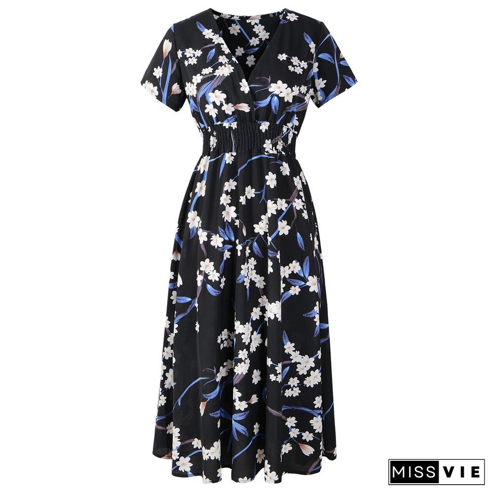 Printed V-neck Short Sleeve Dress Black Dresses