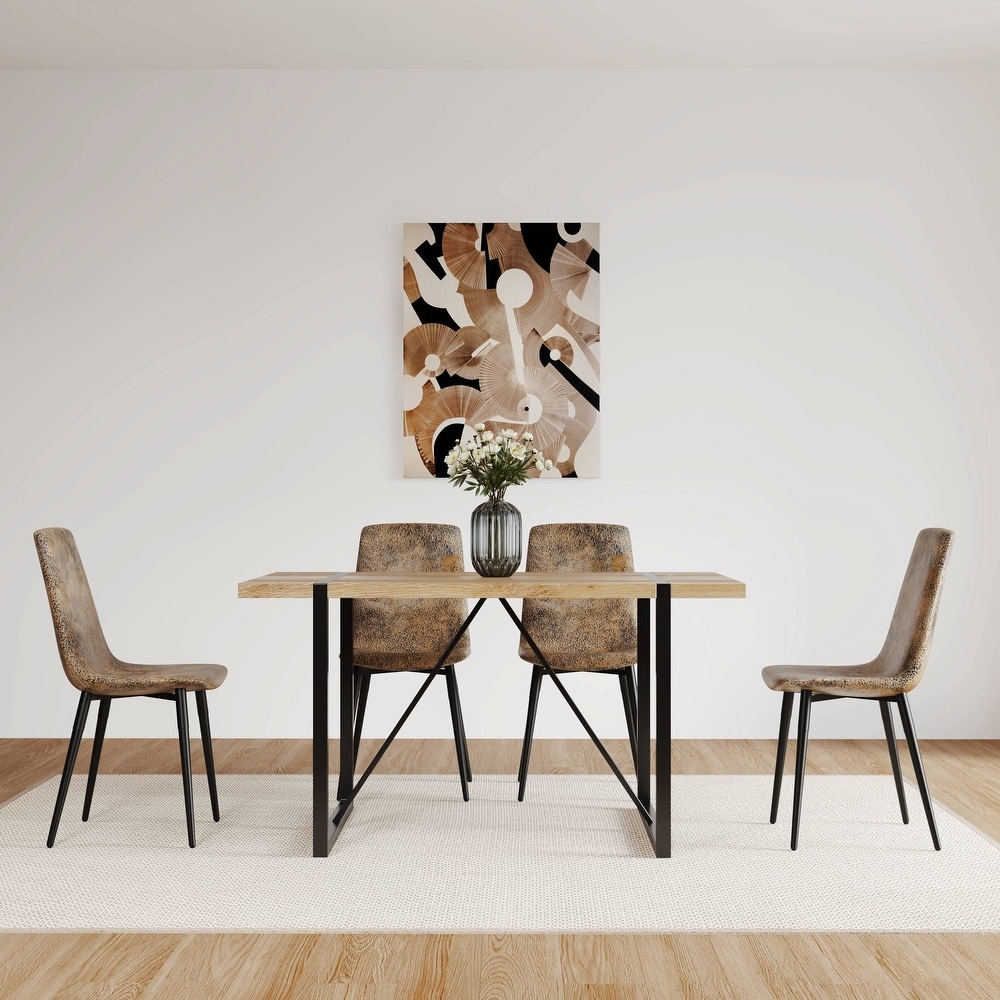 Modern 5 Piece Dining Table Sets with Rectangular Dining Table and Linen Upholstered Dining Chairs  for Living Room