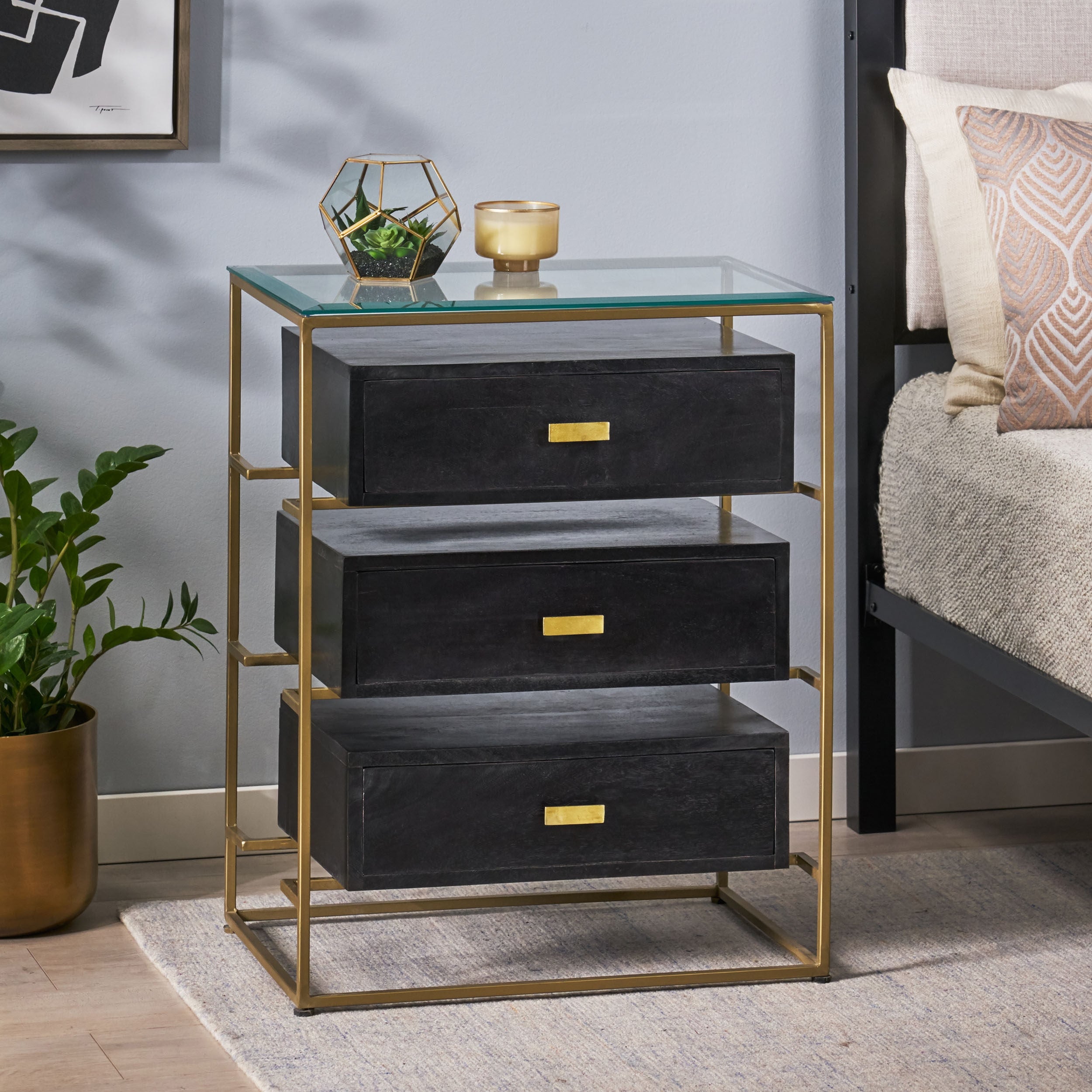 Hoadley Modern Handcrafted 3 Drawer Glass Top Nightstand by Christopher Knight Home - - 32872978