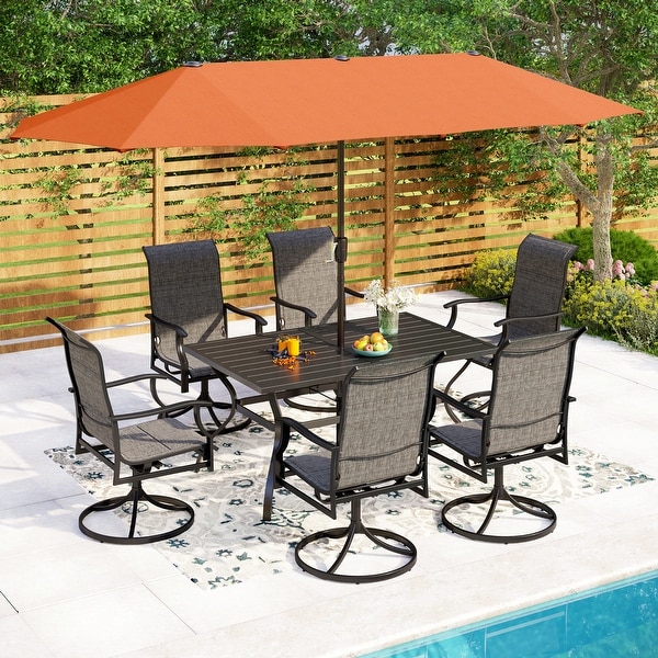 MAISON ARTS 7/8 Pieces Patio Dining Set，Rectangular Black Metal Table with 6 Padded Textilene Fabric Swivel Chairs