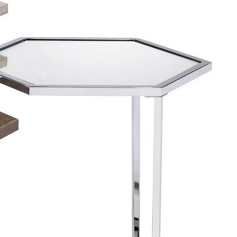 3 Piece Nesting Table with Hexagonal Shaped Metal Frame， Chrome