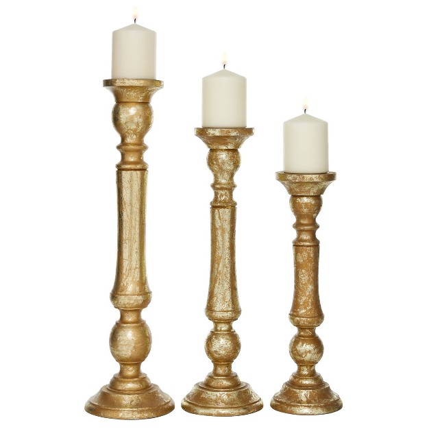 Set Of 3 Traditional Metal wood Turned Column Candle Holders Gold Olivia amp May