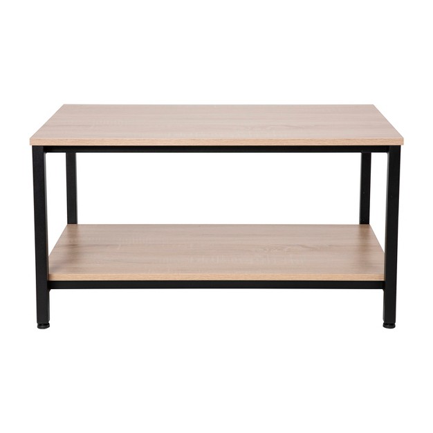 Emma And Oliver Minimalist Industrial Driftwood Finished Engineered Wood Coffee Table With Black Steel Tube Frame And Lower Storage Shelf