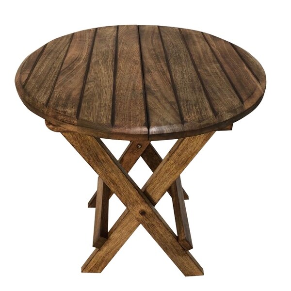 Wooden Round Folding Chair Side End Table with Planked to p for Living Room and Framhouse， Rustic Brown， Plank Style