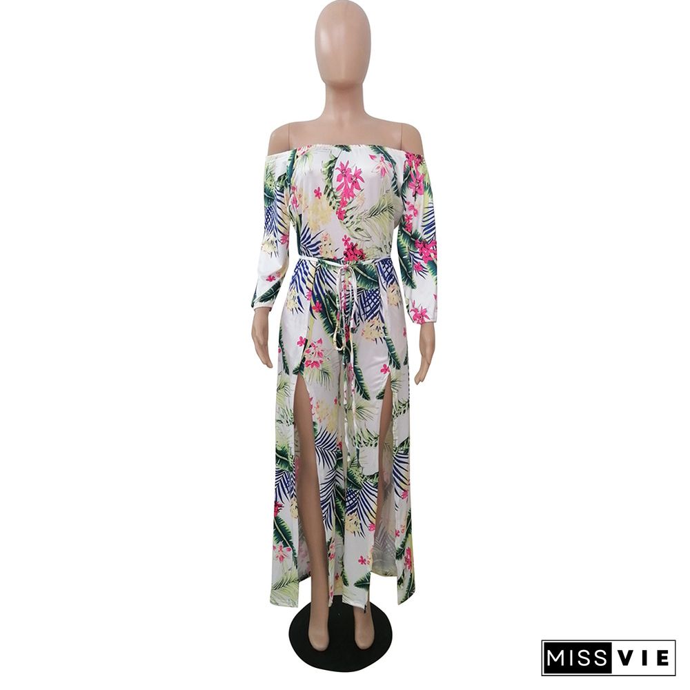 Summer Sexy Split Boho Beach Off Shoulder Long Sleeve Vintage Floral Printed Women Jumpsuit