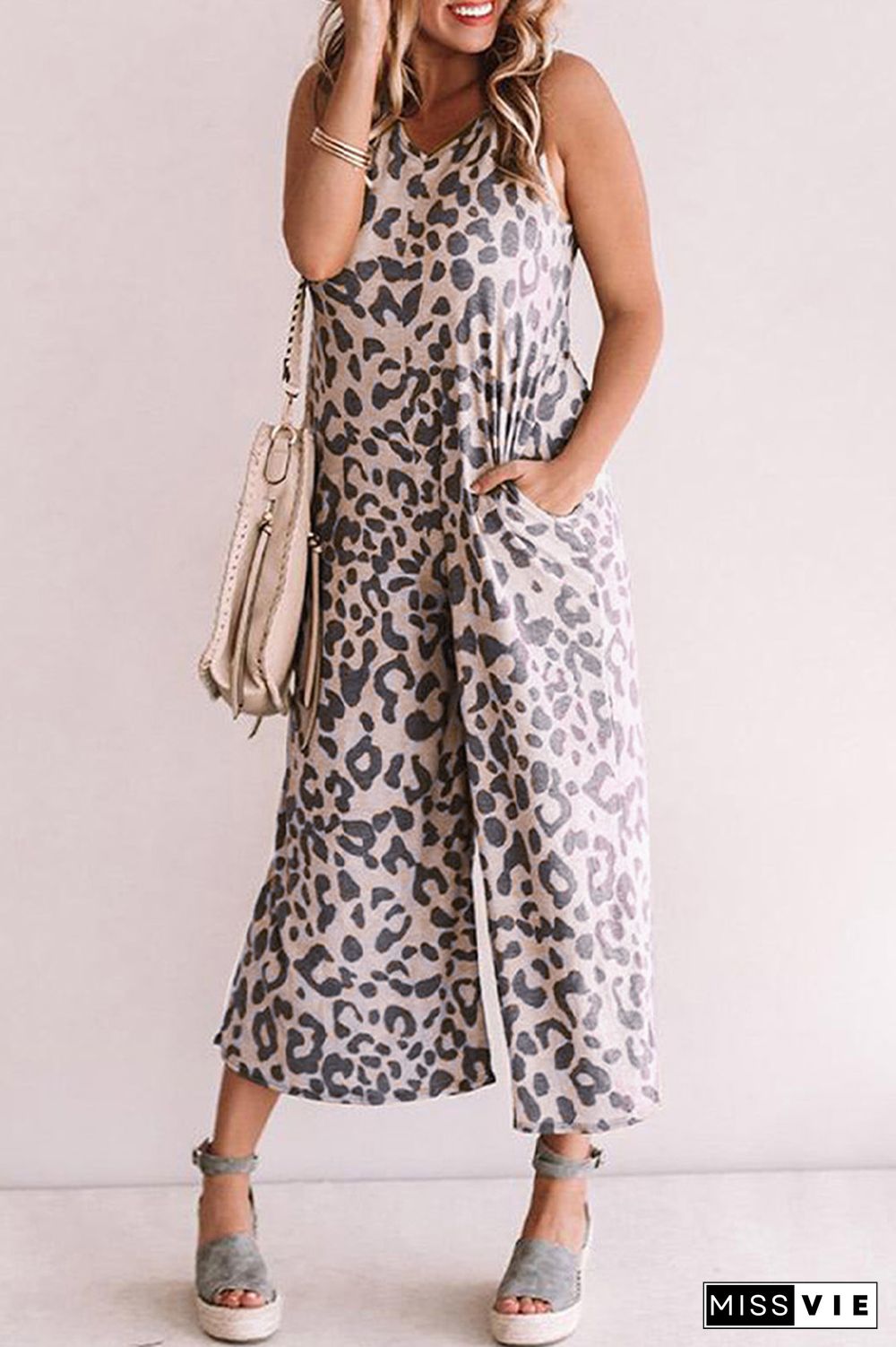 Leopard Sleeveless Jumpsuit with Pockets