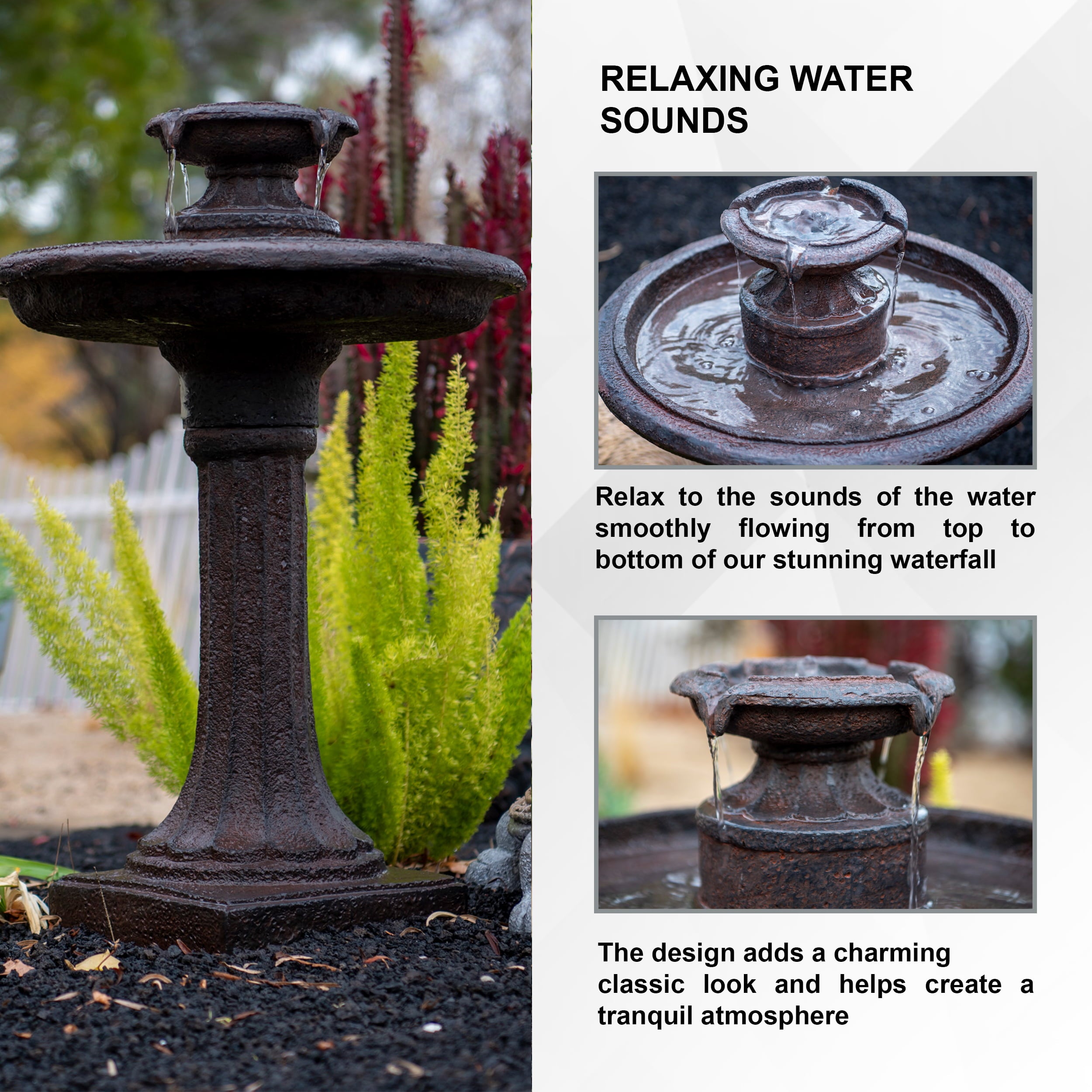 XBrand 28" Bird bath Water Fountain, 1-Tier, Outdoor, Brown Resin, Auto Shut Off Pump for Home Garden Yard Décor