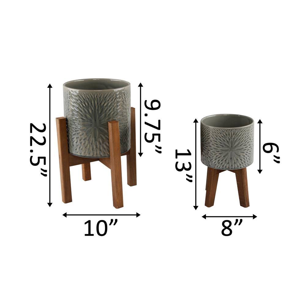 Flora Bunda 10 in. and 8 in. Olive Green Sunburst Ceramic Planter on Wood Stand Mid-Century Planter(Set of 2 ) CT796E2-TL