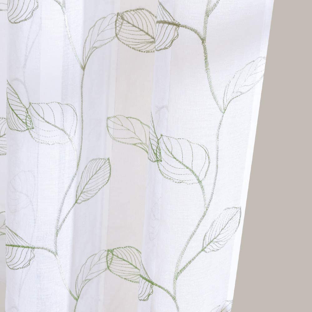 CURTAINKING Kitchen Curtains 36 inch Leaf Embroidered Tiers Kitchen Windows Farmhouse Small Curtains Sheer Tiers Voile Cafe Curtains Rod Pocket 2 Panels Sage on White