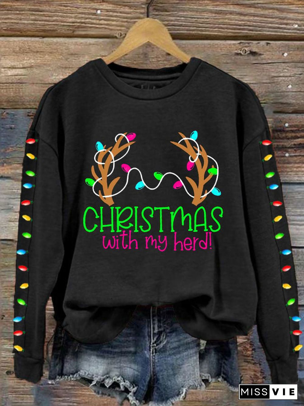 Women's Christmas With My Herd Print Crew Neck Sweatshirt